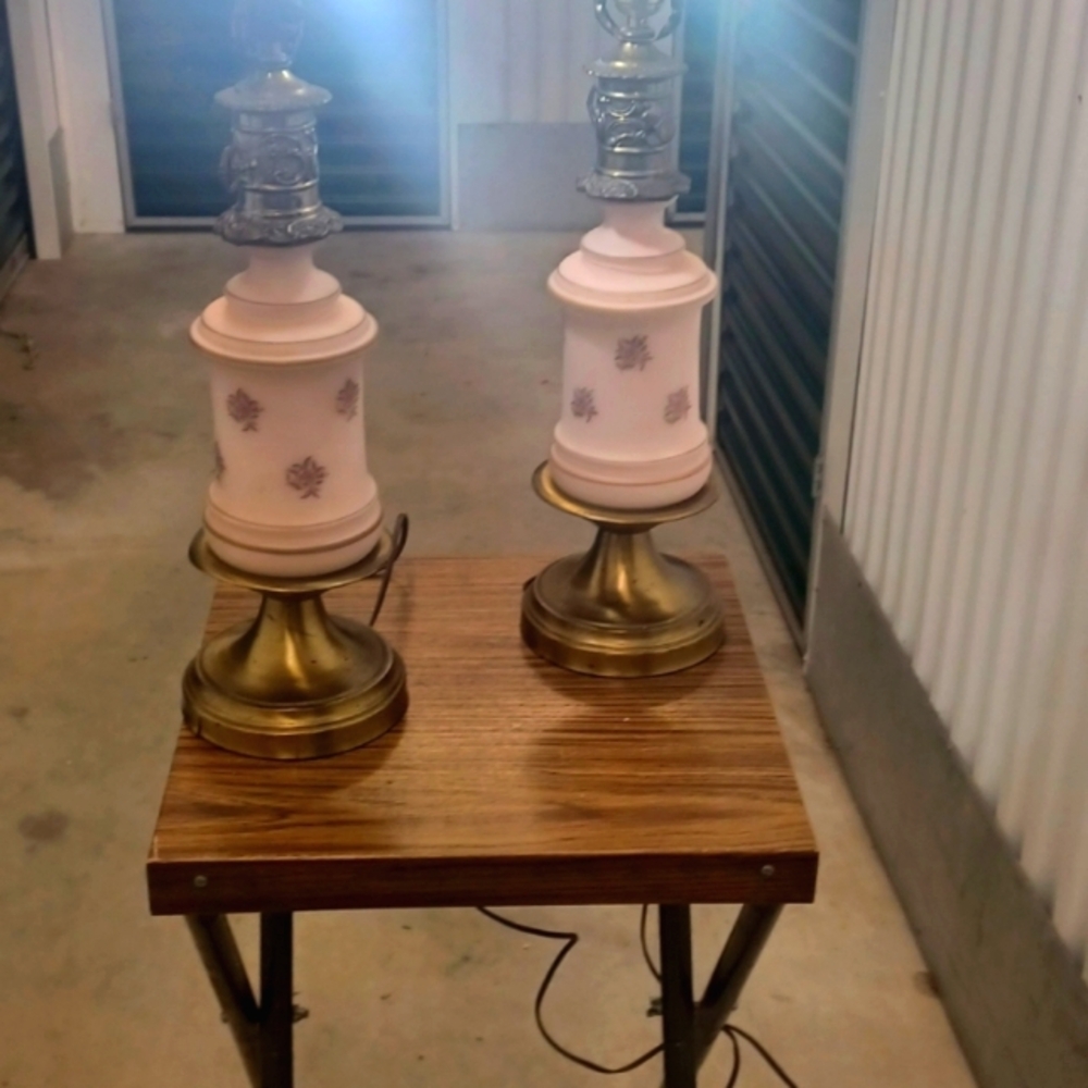 Vintage mcm porcelain and brass pagoda Style lamps